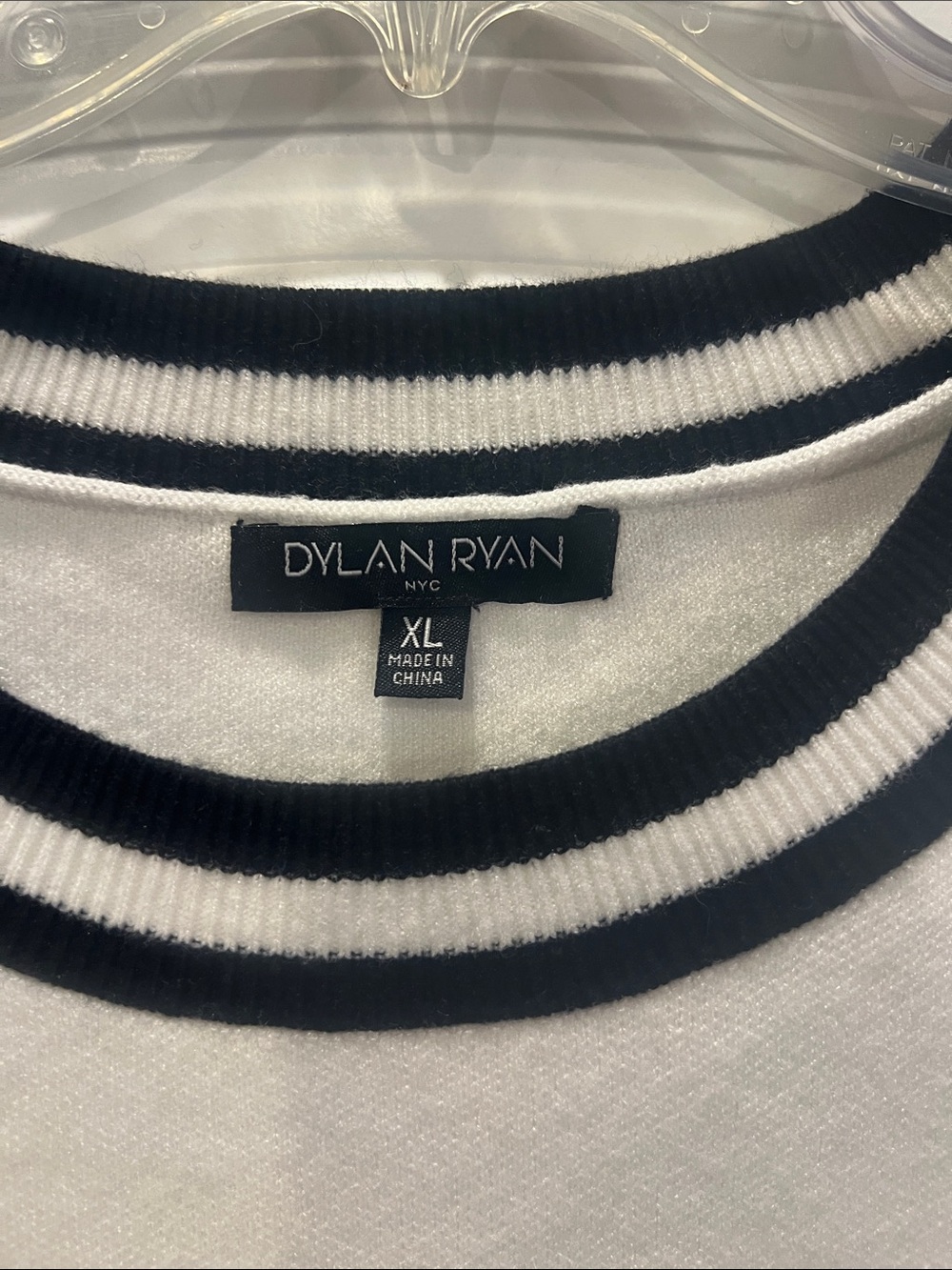 White Short-Sleeve Knit Sweater with Black Stripe Trim - Picture 2 of 3